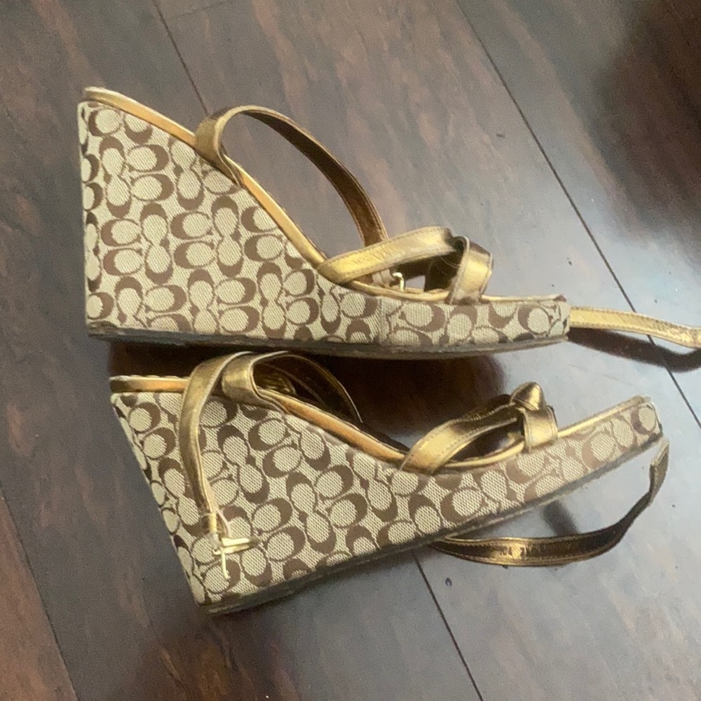 Brown and brushed bronze coach wedge style sandal